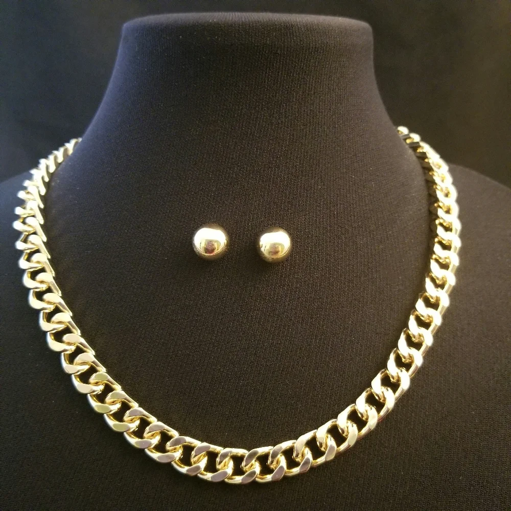 Simple Cuban Chain Short Necklace Set - Picture 1 of 8